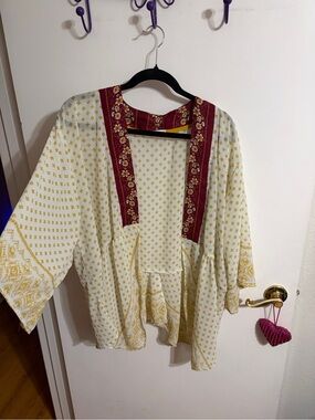💜 XL Boho Floral Open--Front Kimono Cover up in Cream and Maroon